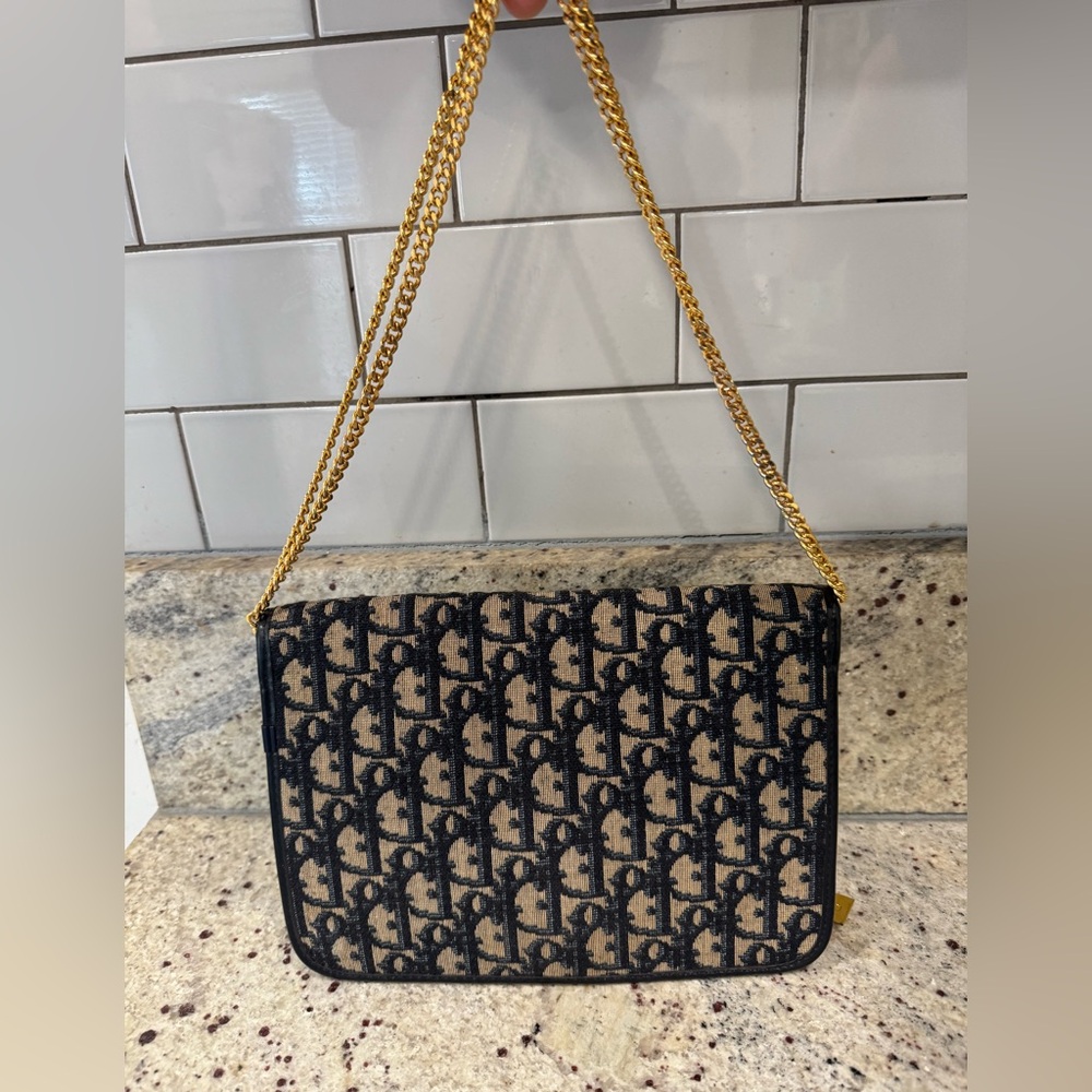 Christian Dior Trotter Chain Shoulder Bag CD Logo Navy Canvas Vintage Authentic - Picture 3 of 8